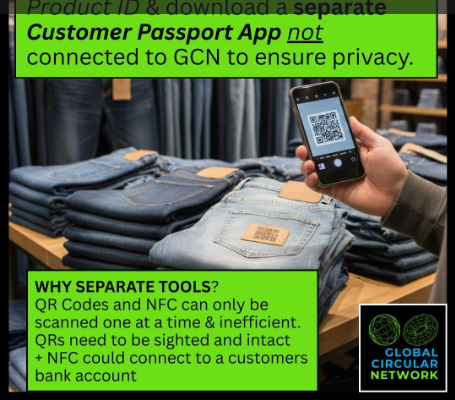 Scanning a QR code swing tag on folded jeans to view the consumer-facing Product ID