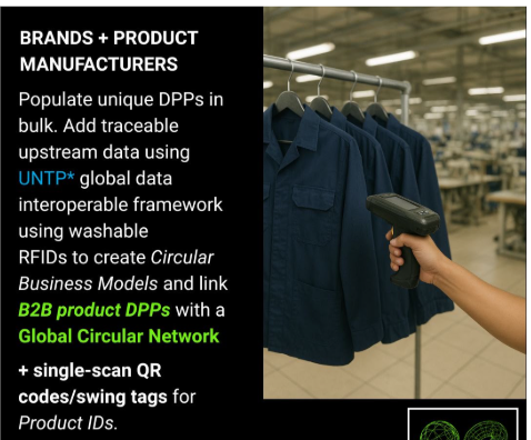 Product manufacturer scanning garments on a production line with a UHF RFID handheld reader to bulk-populate upstream data